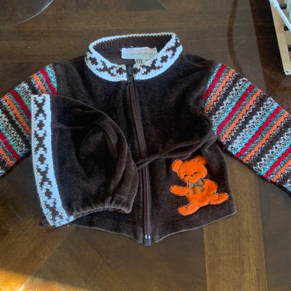 ADORABLE SWEATER / JACKET BROWN VELOUR WITH KNIT SLEEVES & HAT